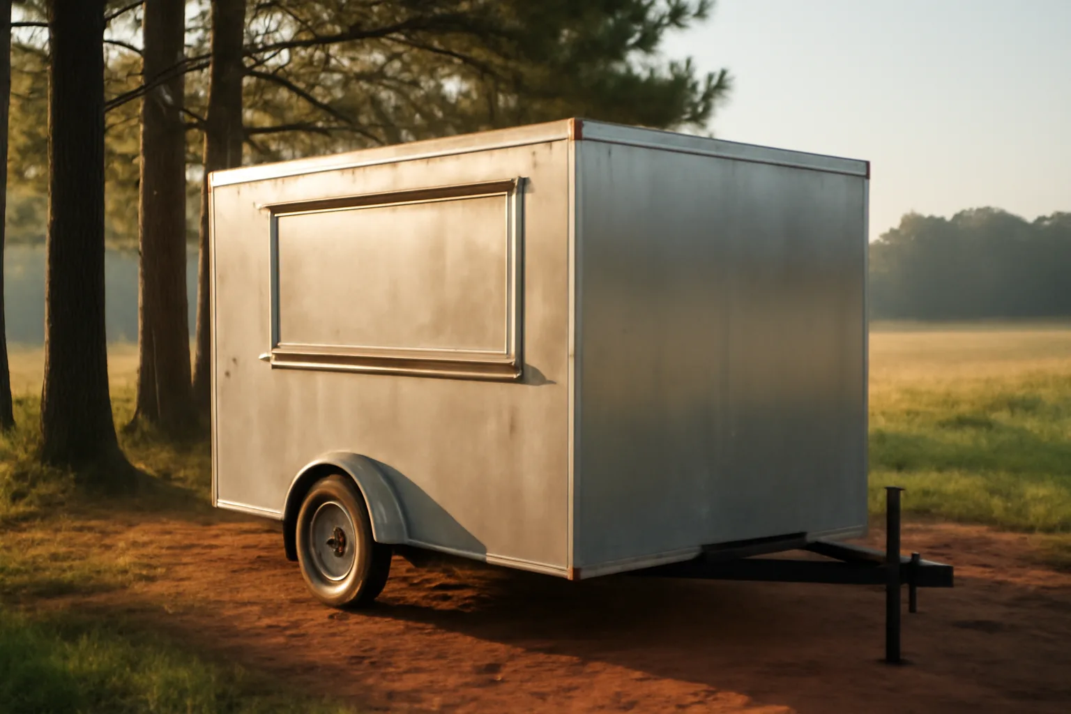 Unbranded concession trailer on red clay under Georgia pines