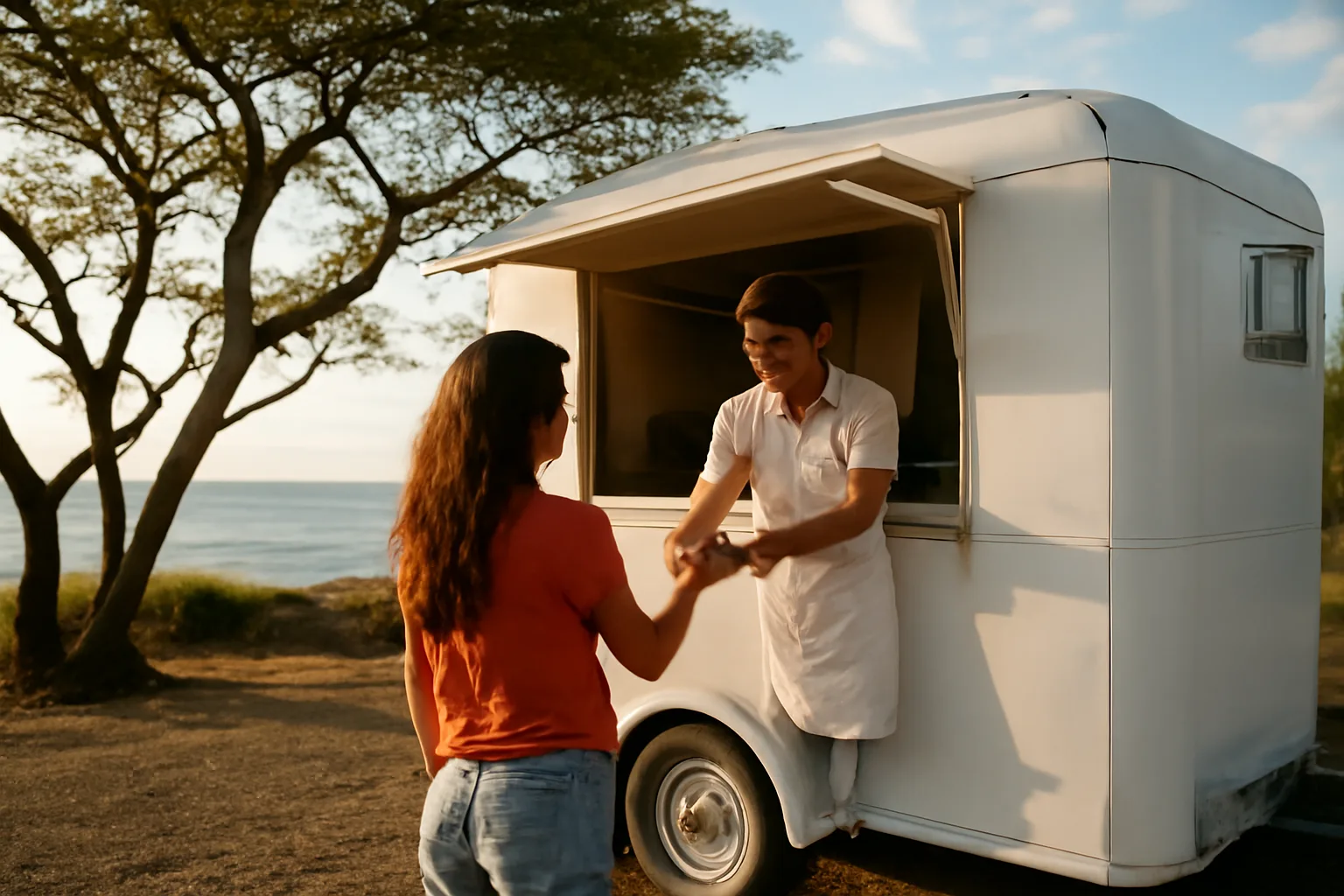 White concession trailer serving food on a Hawaii gravel lot