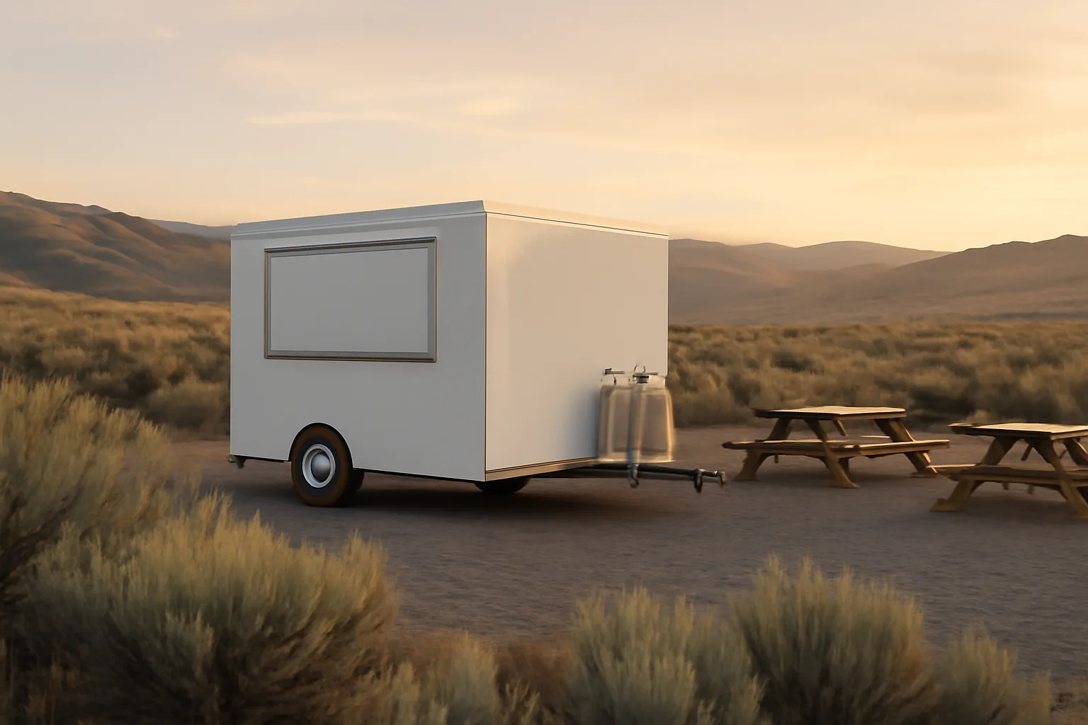 Plain concession trailer parked in Idaho foothills at sunrise